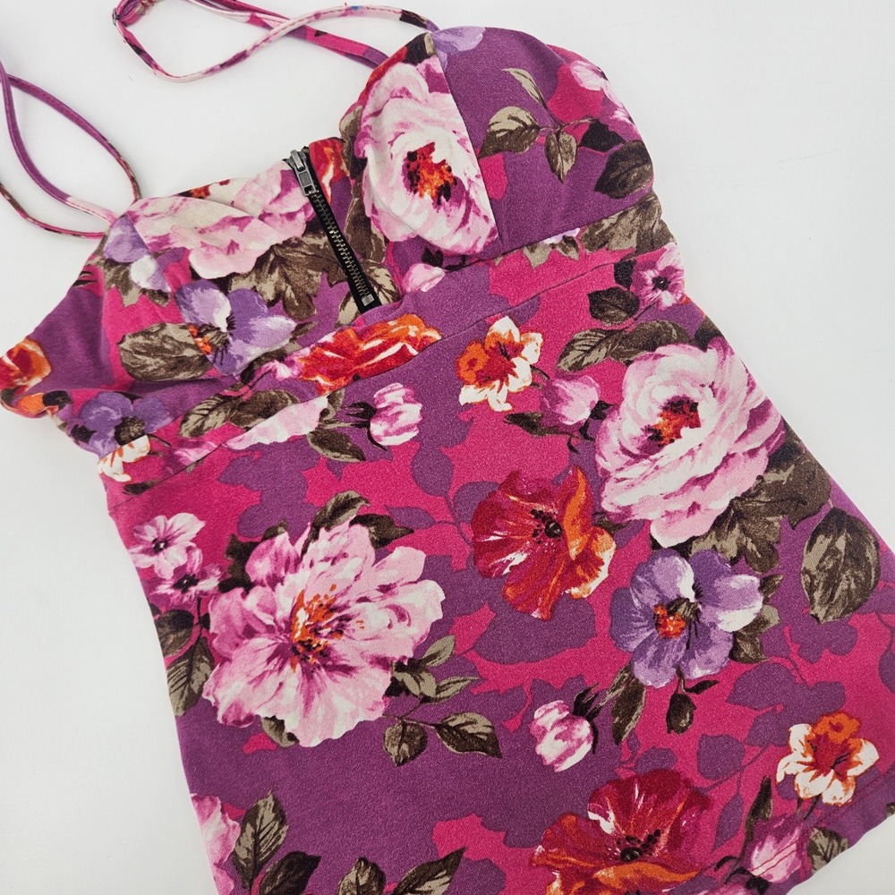 No Boundaries Women Small Cami Floral Zipper Smocked Boho Y2K Tank